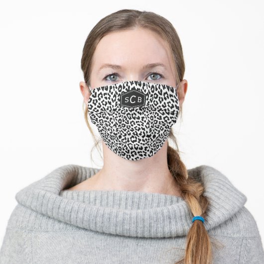 Black And White Leopard Pattern 3 Initial Monogram Adult Cloth Face Mask (Worn)