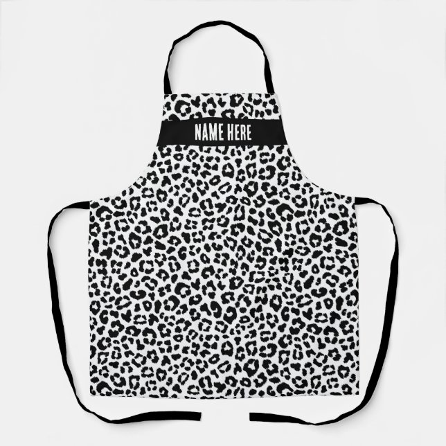 Black and white leopard pattern custome name apron (Front)