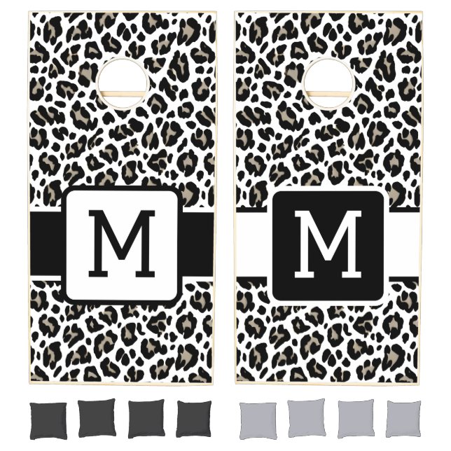 Black and White Leopard Print Fur Spots Initial Cornhole Set (Set)