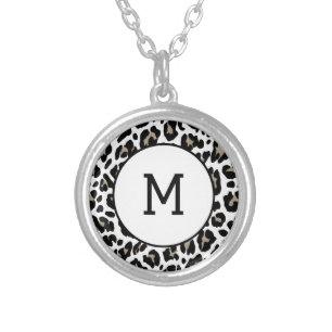 Black and White Leopard Print Fur Spots Initial Silver Plated Necklace