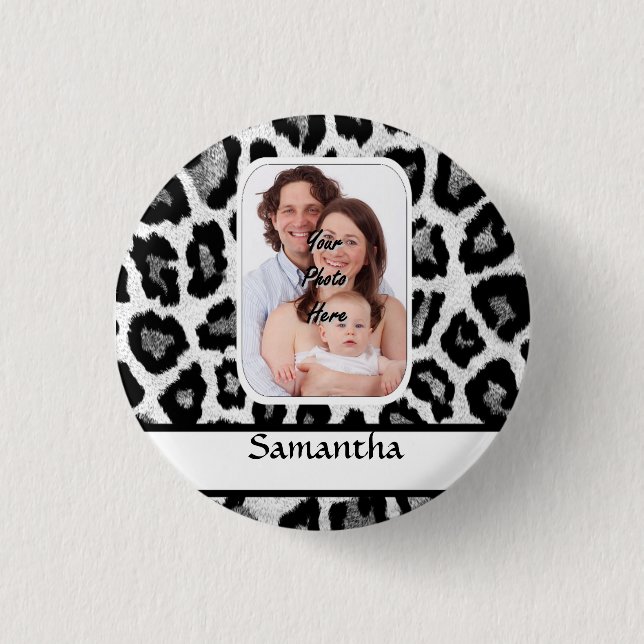 Black and white leopard print pinback button (Front)