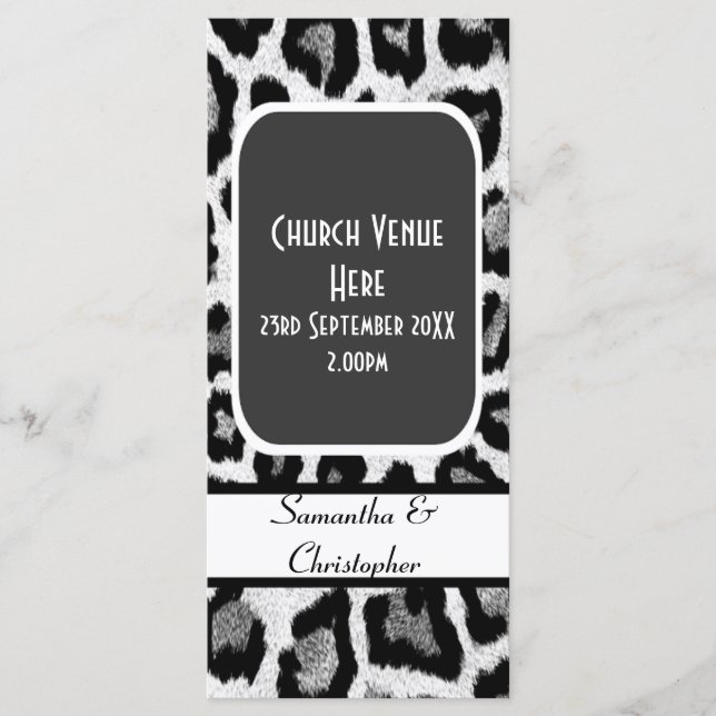 Black and white leopard print wedding program (Front)