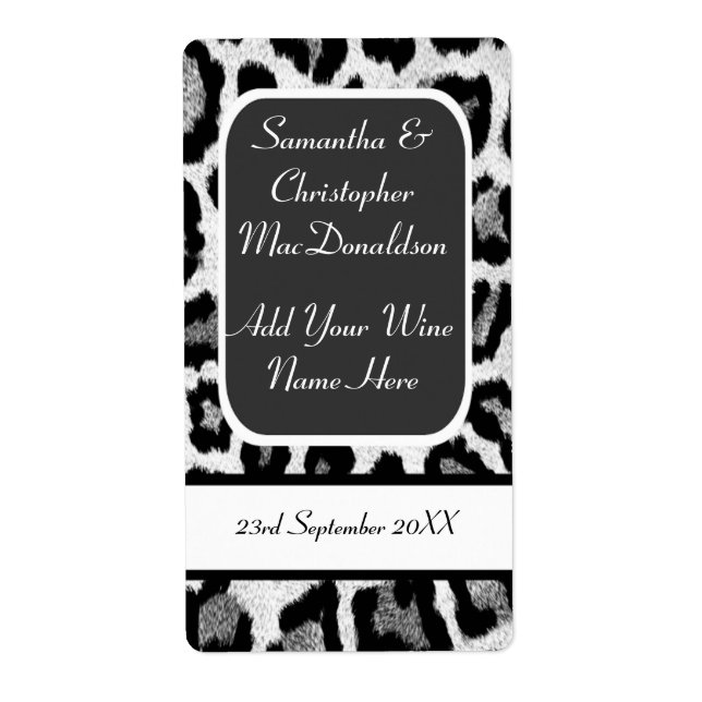 Black and white leopard print wedding wine bottle label (Front)