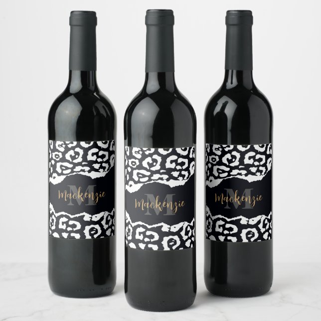 Black and White Leopard Print Wine Label (Bottles)