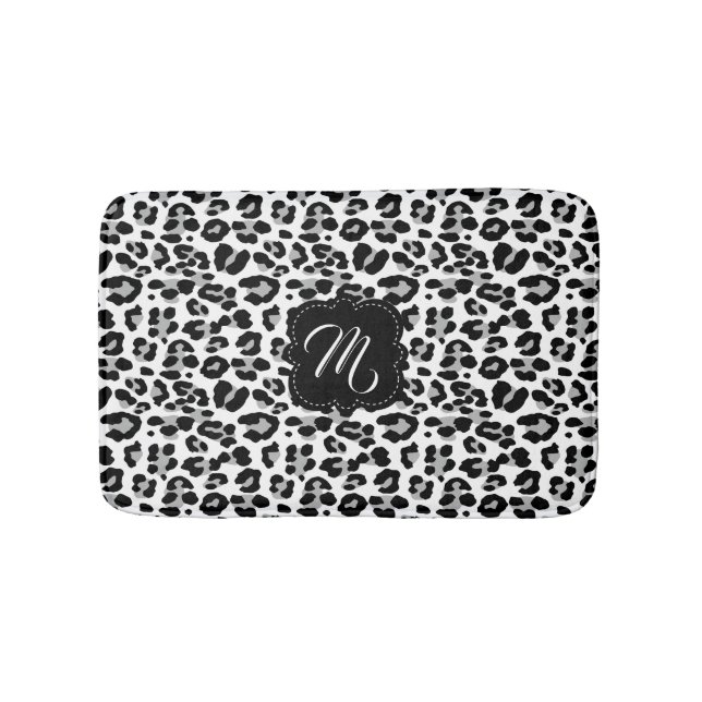 Black and White Leopard Print with Custom Monogram Bathroom Mat (Front)