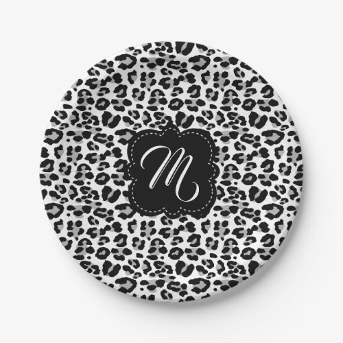 Black and White Leopard Print with Custom Monogram Paper Plates