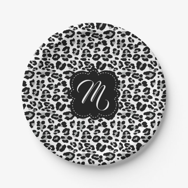 Black and White Leopard Print with Custom Monogram Paper Plates (Front)