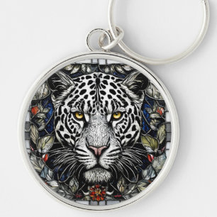 Black and white leopard surrounded by flowers keychain