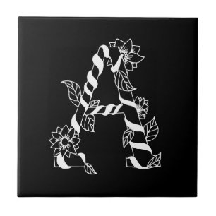 Black and White Letter "A" with Twining Flowers Ceramic Tile