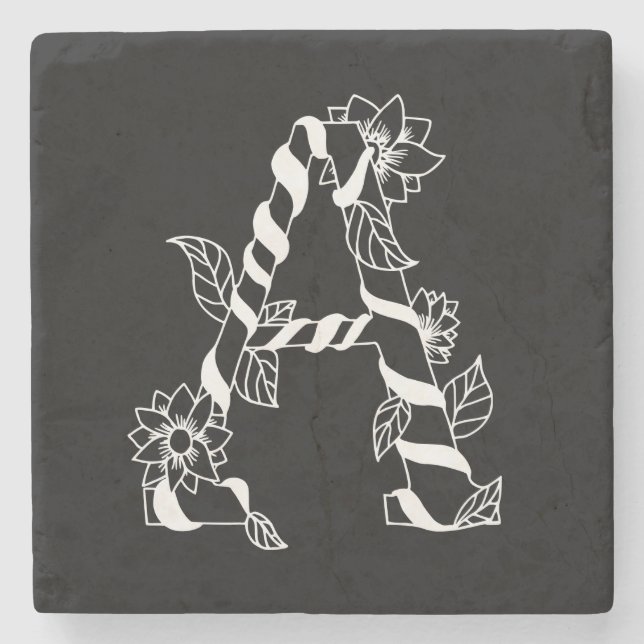 Black and White Letter "A" with Twining Flowers Stone Coaster (Front)