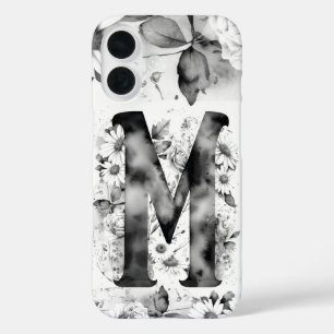 Black and White Letter M Elegant Floral Watercolor iPhone 16 Case