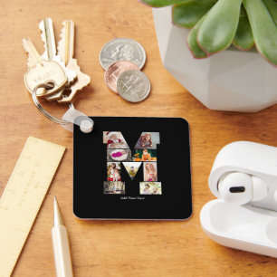 Black and White Letter M Photo Collage Keychain