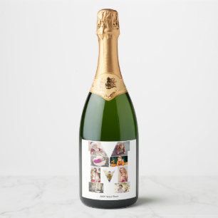 Black and White Letter M Photo Collage Sparkling Wine Label