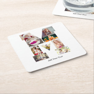 Black and White Letter M Photo Collage Square Paper Coaster