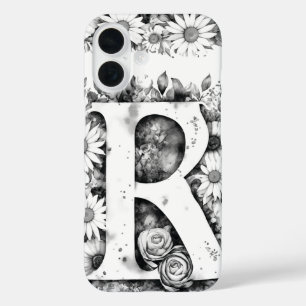 Black and White Letter R Elegant Floral Watercolor iPhone 16 Case