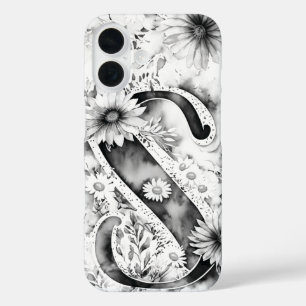 Black and White Letter S Elegant Floral Watercolor iPhone 16 Case