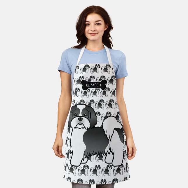 Black And White Lhasa Apso Cartoon Dog & Name Apron (Worn)