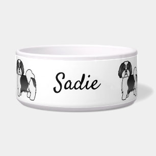 Black And White Lhasa Apso Cartoon Dog & Name Bowl