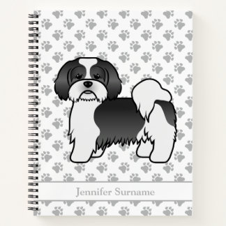 Black And White Lhasa Apso Cartoon Dog &amp; Name Notebook