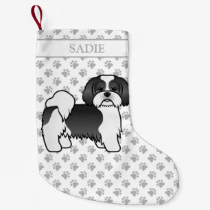 Black And White Lhasa Apso Cartoon Dog & Name Small Christmas Stocking