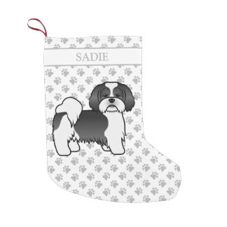 Black And White Lhasa Apso Cartoon Dog &amp; Name Small Christmas Stocking