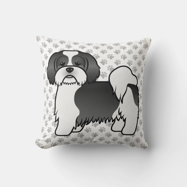 Black And White Lhasa Apso Cartoon Dog & Paws Throw Pillow (Front)