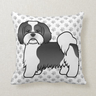 Black And White Lhasa Apso Cartoon Dog &amp; Paws Throw Pillow