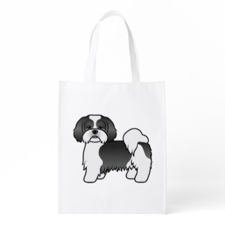 Black And White Lhasa Apso Cute Cartoon Dog Grocery Bag