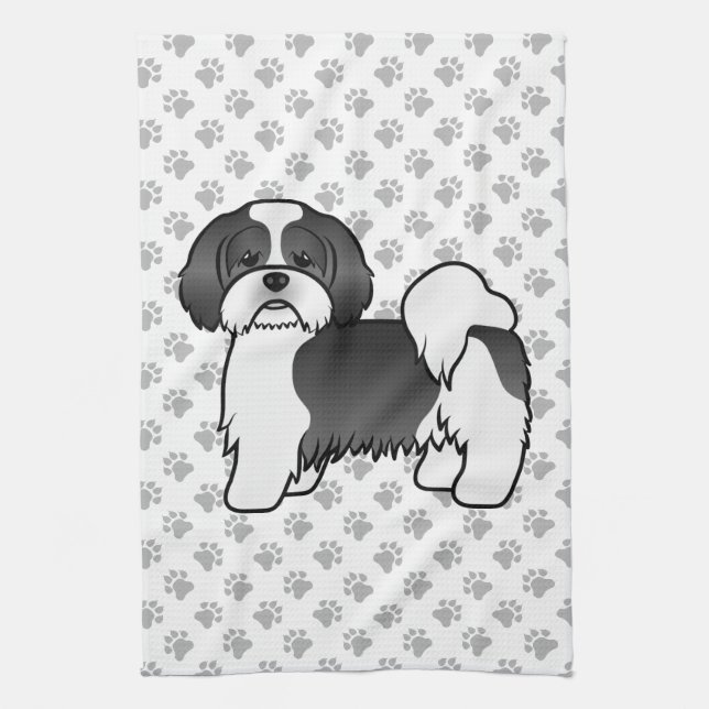 Black And White Lhasa Apso Cute Cartoon Dog Kitchen Towel (Vertical)
