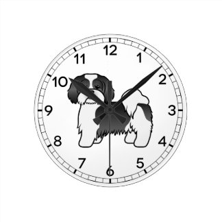 Black And White Lhasa Apso Cute Cartoon Dog Round Clock