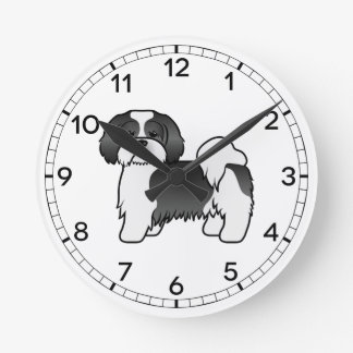 Black And White Lhasa Apso Cute Cartoon Dog Round Clock