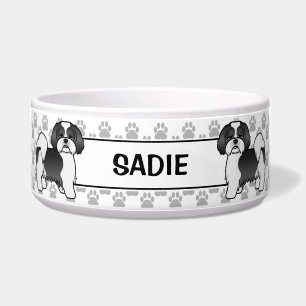 Black And White Lhasa Apso Dog With Paws & Name Bowl