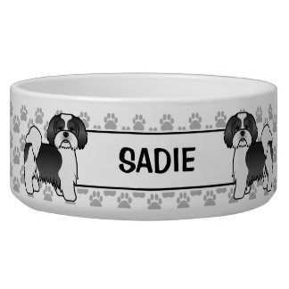 Black And White Lhasa Apso Dog With Paws &amp; Name Bowl