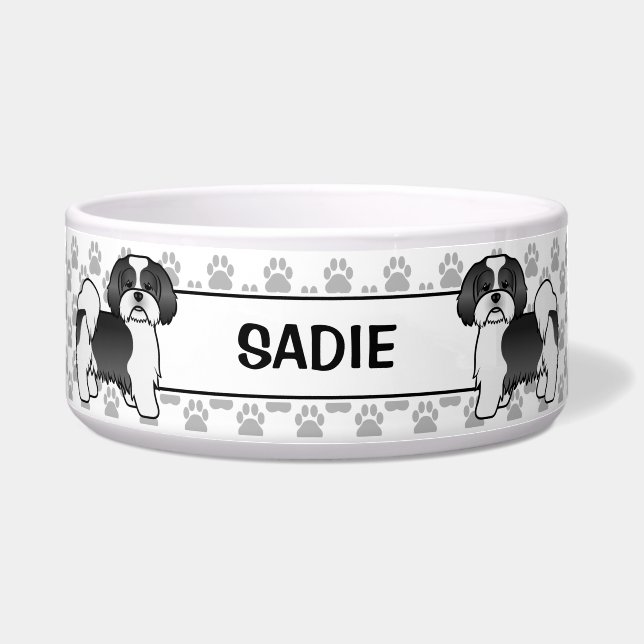Black And White Lhasa Apso Dog With Paws & Name Bowl (Front)