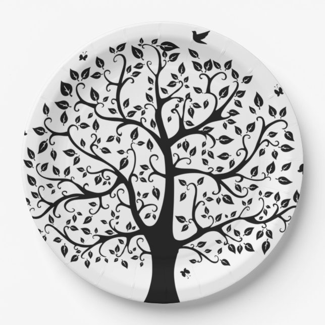 Black and White Life Tree Paper Plates (Front)