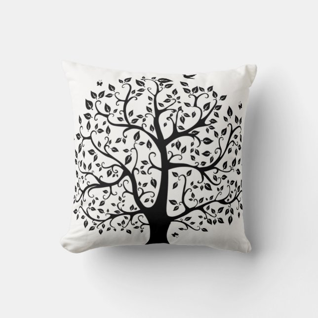 Black and White Life Tree Throw Pillow (Front)