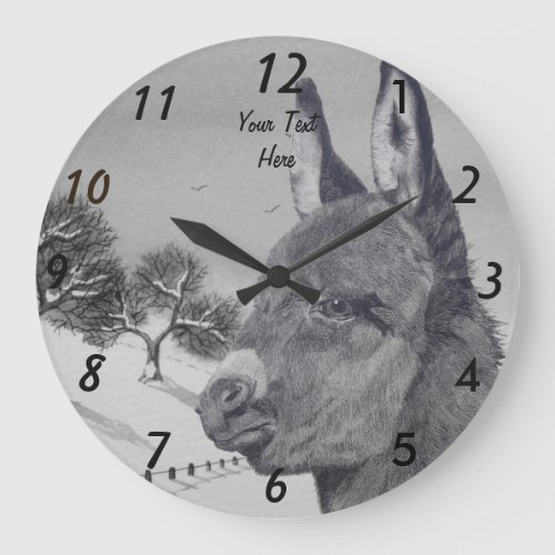 black and white lifelike drawing of cute donkey large clock