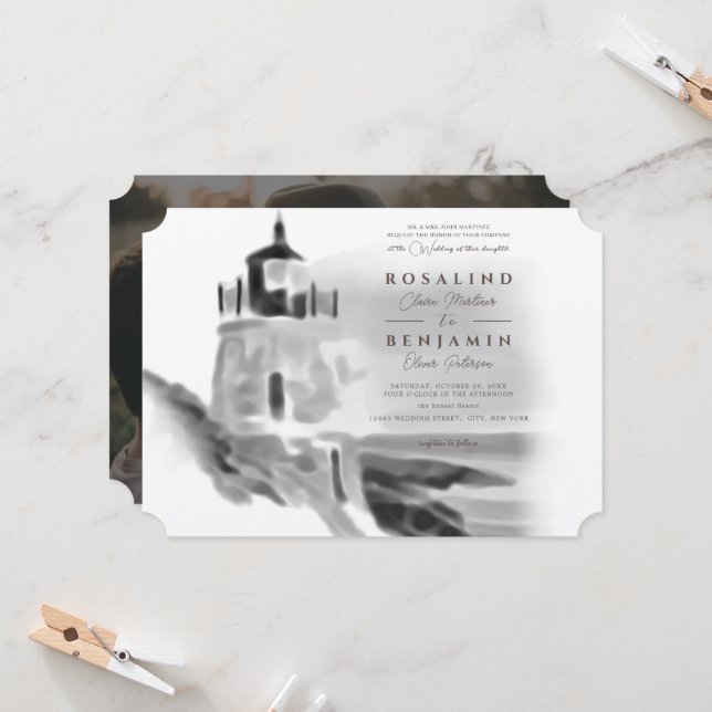 Black and White Lighthouse Abstract Photo Wedding Invitation (Front/Back In Situ)