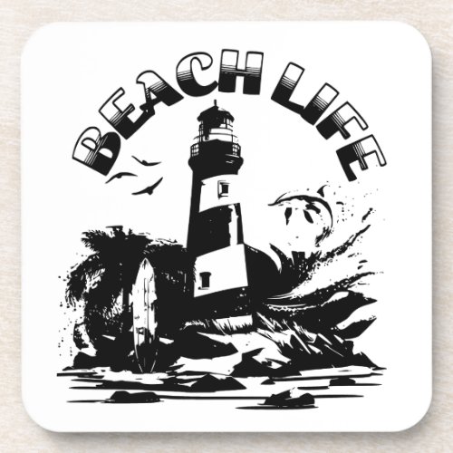 Black and White Lighthouse Beach Life Beverage Coaster