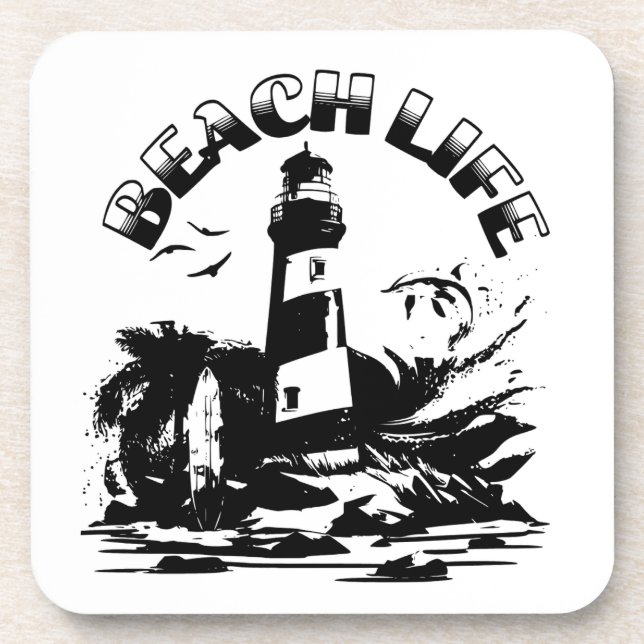 Black and White Lighthouse Beach Life Beverage Coaster (Front)