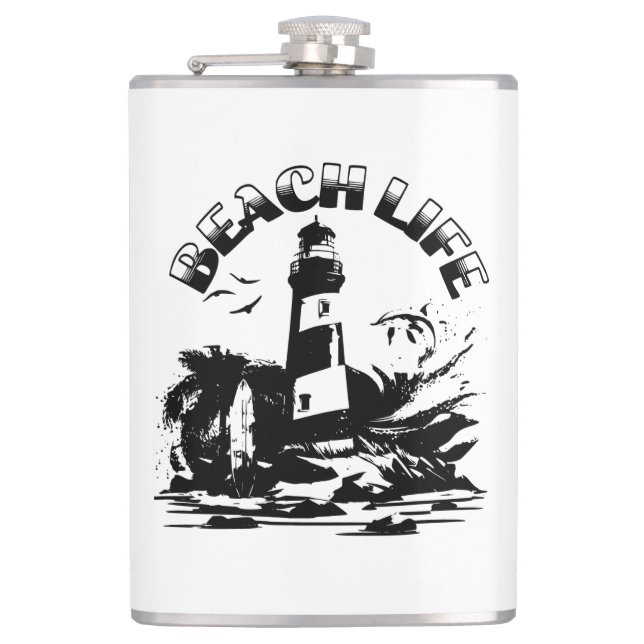 Black and White Lighthouse Beach Life Flask (Front)