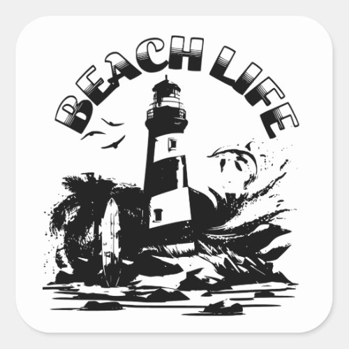 Black and White Lighthouse Beach Life Square Sticker