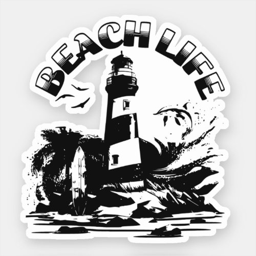 Black and White Lighthouse Beach Life Sticker