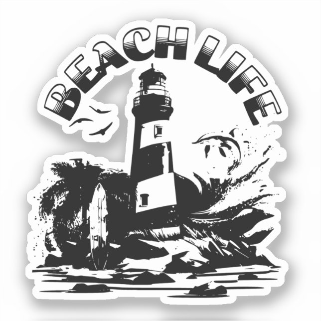 Black and White Lighthouse Beach Life Sticker (Front)