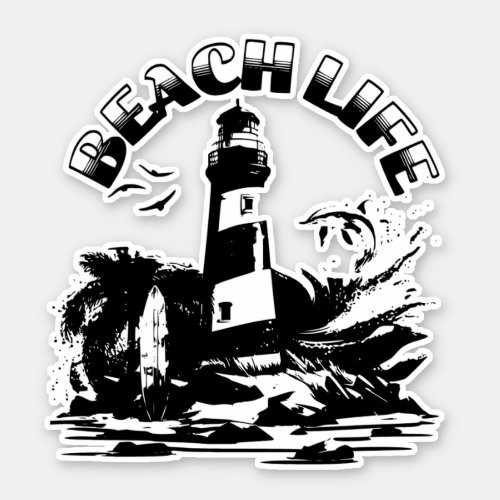 Black and White Lighthouse Beach Life Sticker