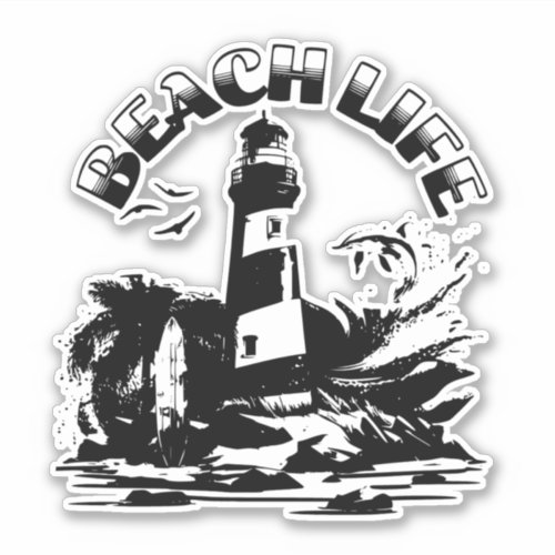 Black and White Lighthouse Beach Life Sticker