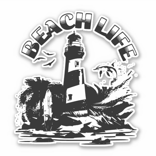 Black and White Lighthouse Beach Life Sticker (Front)