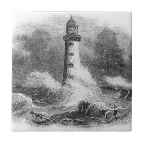 Black and White Lighthouse Etching Tile