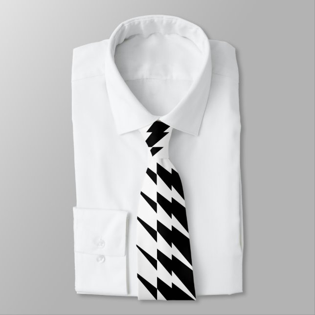 Black and White Lightning Zig Zag Pattern Neck Tie (Tied)