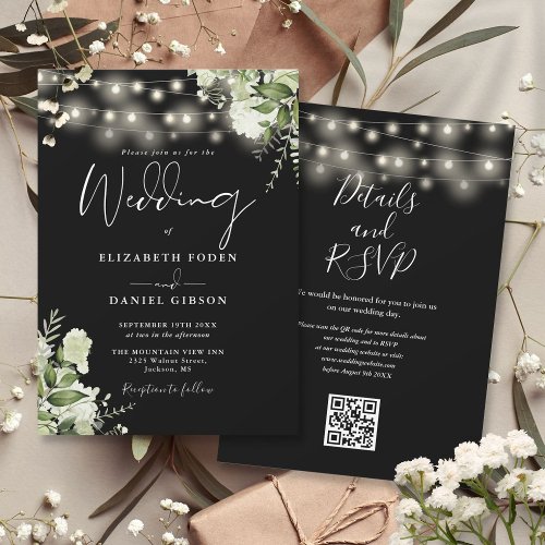 Black And White Lights Floral QR Code Wedding Invitation